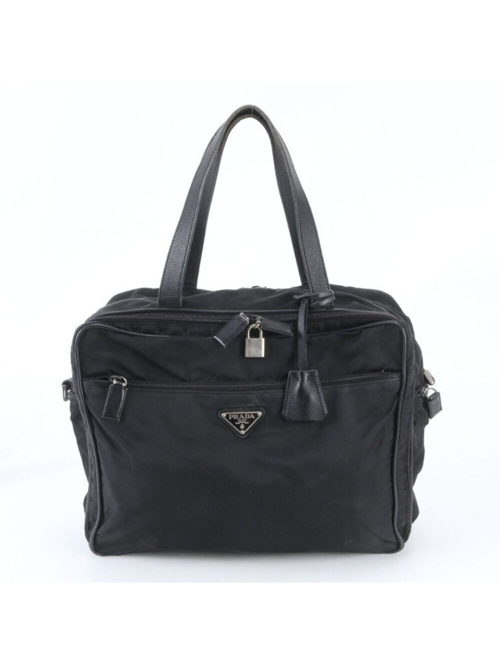 Prada Tessuto Nylon Triangle Logo Leather Business Document Tote Bag Black